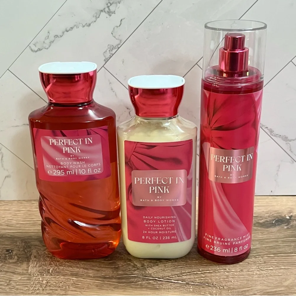 NEW Bath & Body Works PERFECT IN PINK 3 Piece Set Lot Lotion Body Wash Fine Mist